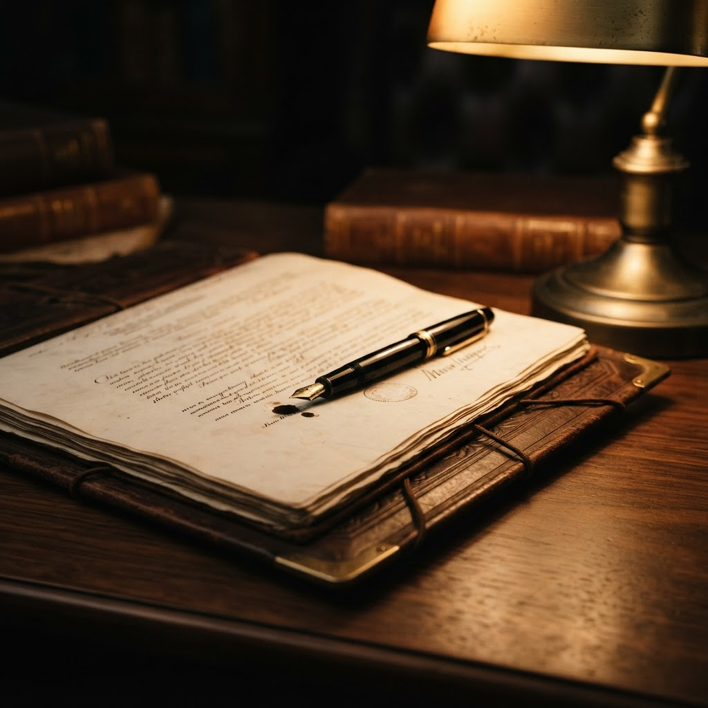 A fountain pen resting on a leather-bound legal document beside a brass lamp