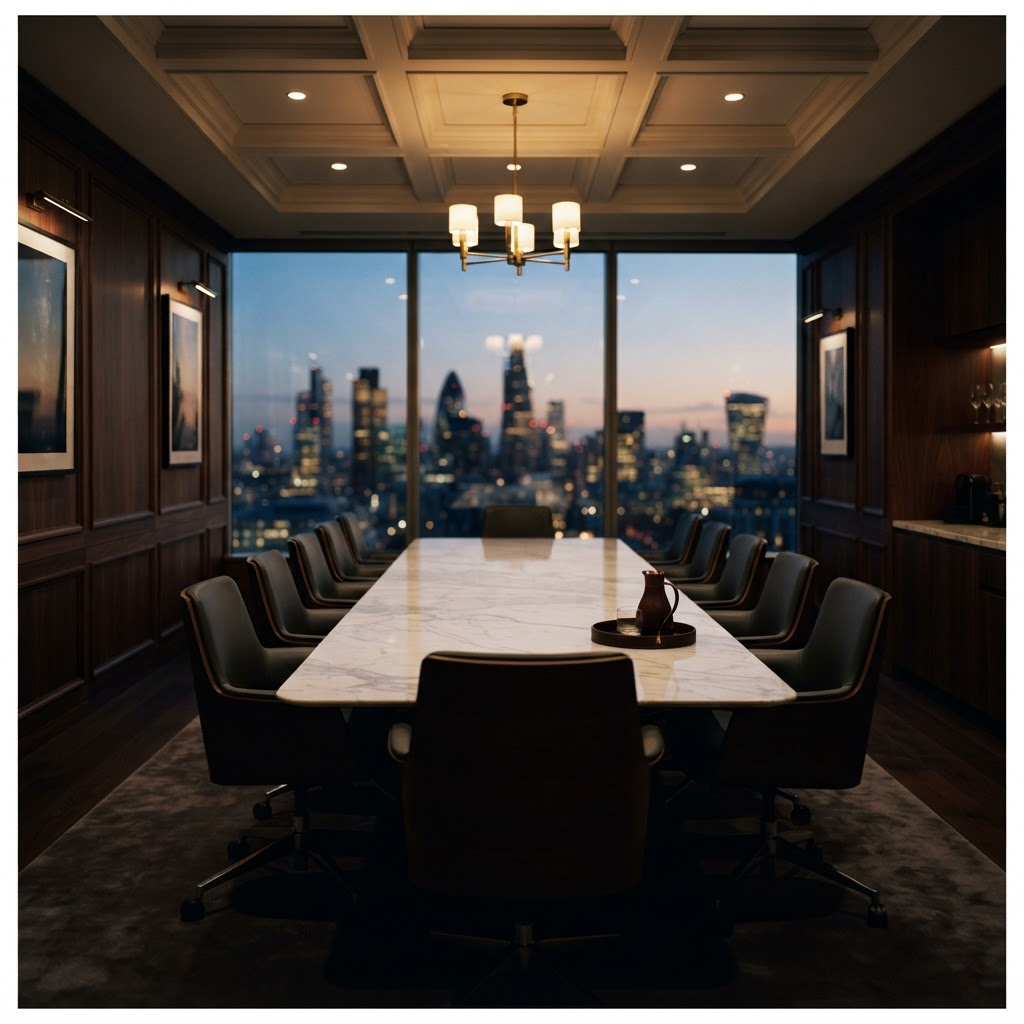 A private law firm boardroom at dusk overlooking a city skyline